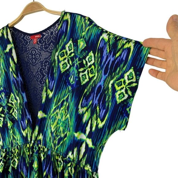 Bongo Size 1X Plus Jr Maxi Dress Tribal Athnic Print Vneck Plunge Short Sleeve 4 - Picture 4 of 10